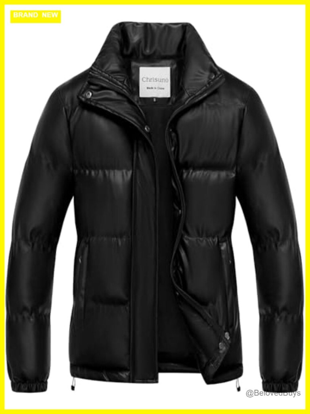 Faux-Leather Puffer Jacket Fleece Lined Winter Coat Waterproof